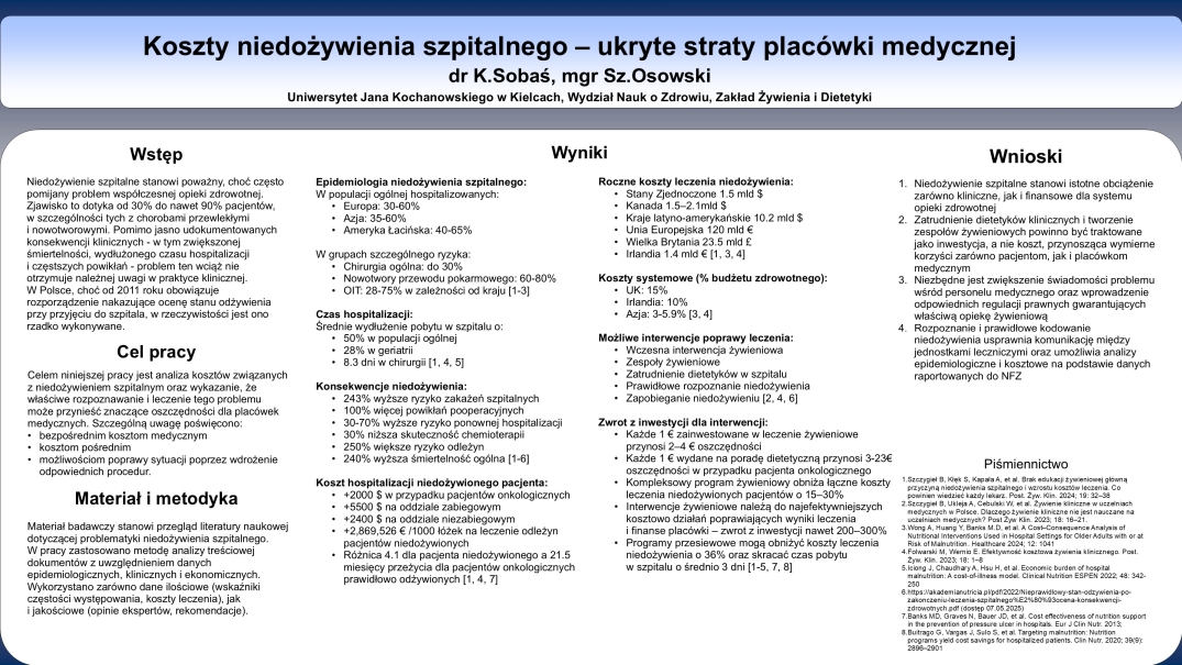 Slajd prezentacyjny ma niebieski nagłówek i stopkę. Tytuł brzmi: „Koszty niedożywienia szpitalnego – ukryte straty placówki medycznej”, a pod nim znajdują się nazwiska autorów oraz nazwa instytucji. Treść została podzielona na cztery główne sekcje: Wstęp, Cel pracy, Wyniki i Wnioski. Każda część zawiera tekst w formie wypunktowań lub danych liczbowych, uporządkowanych w przejrzysty, kolumnowy sposób. Slajd dotyczy kosztów niedożywienia w szpitalach, zawiera dane epidemiologiczne, analizę finansową oraz możliwe rozwiązania lub interwencje.