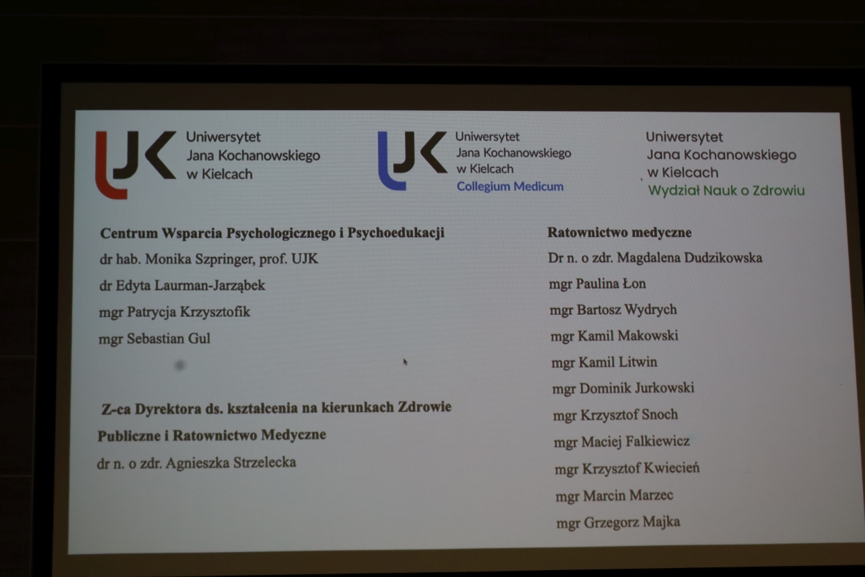 Obraz przedstawia slajd z projekcji zawierający informacje tekstowe z Uniwersytetu Jana Kochanowskiego w Kielcach. Slajd podzielony jest na trzy sekcje. Na górze znajdują się trzy logotypy i nazwy uczelni w różnych kolorach: czerwonym, niebieskim i zielonym. Poniżej, po lewej stronie, znajduje się sekcja „Centrum Wsparcia Psychologicznego i Psychoedukacji” z listą nazwisk i tytułów. W środku widnieje podtytuł dotyczący zastępcy dyrektora ds. kształcenia na kierunkach Zdrowie Publiczne i Ratownictwo Medyczne z podanym nazwiskiem. Po prawej stronie znajduje się sekcja „Ratownictwo medyczne” z kolejną listą osób.