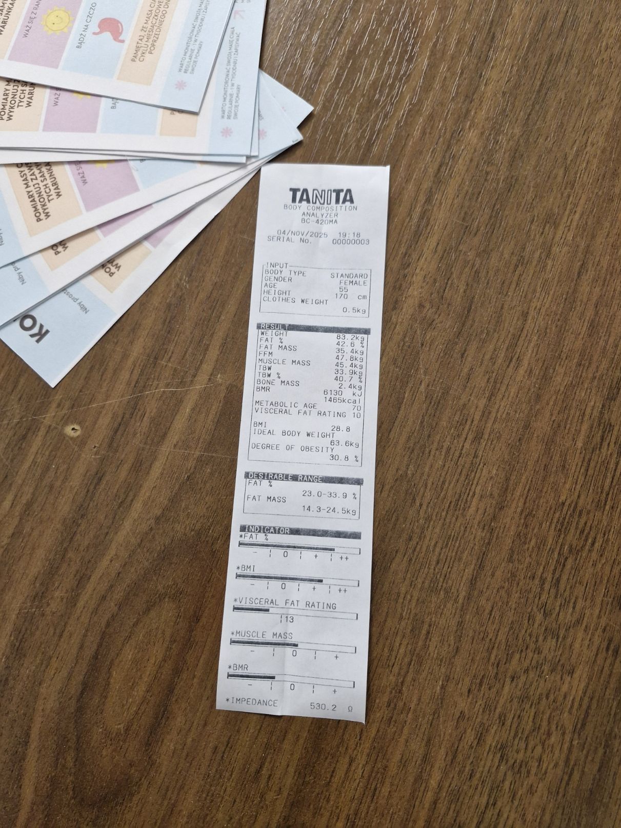 Na zdjęciu widać wydruk z analizatora składu ciała marki TANITA, leżący na drewnianej powierzchni. Na wydruku widoczne są różne parametry, takie jak masa ciała, ilość tłuszczu, BMI i masa mięśniowa. Obok znajdują się częściowo widoczne, kolorowe karty ułożone wachlarzowo. Drewniana powierzchnia ma jasnobrązowy, naturalny odcień i wyraźną strukturę słojów.