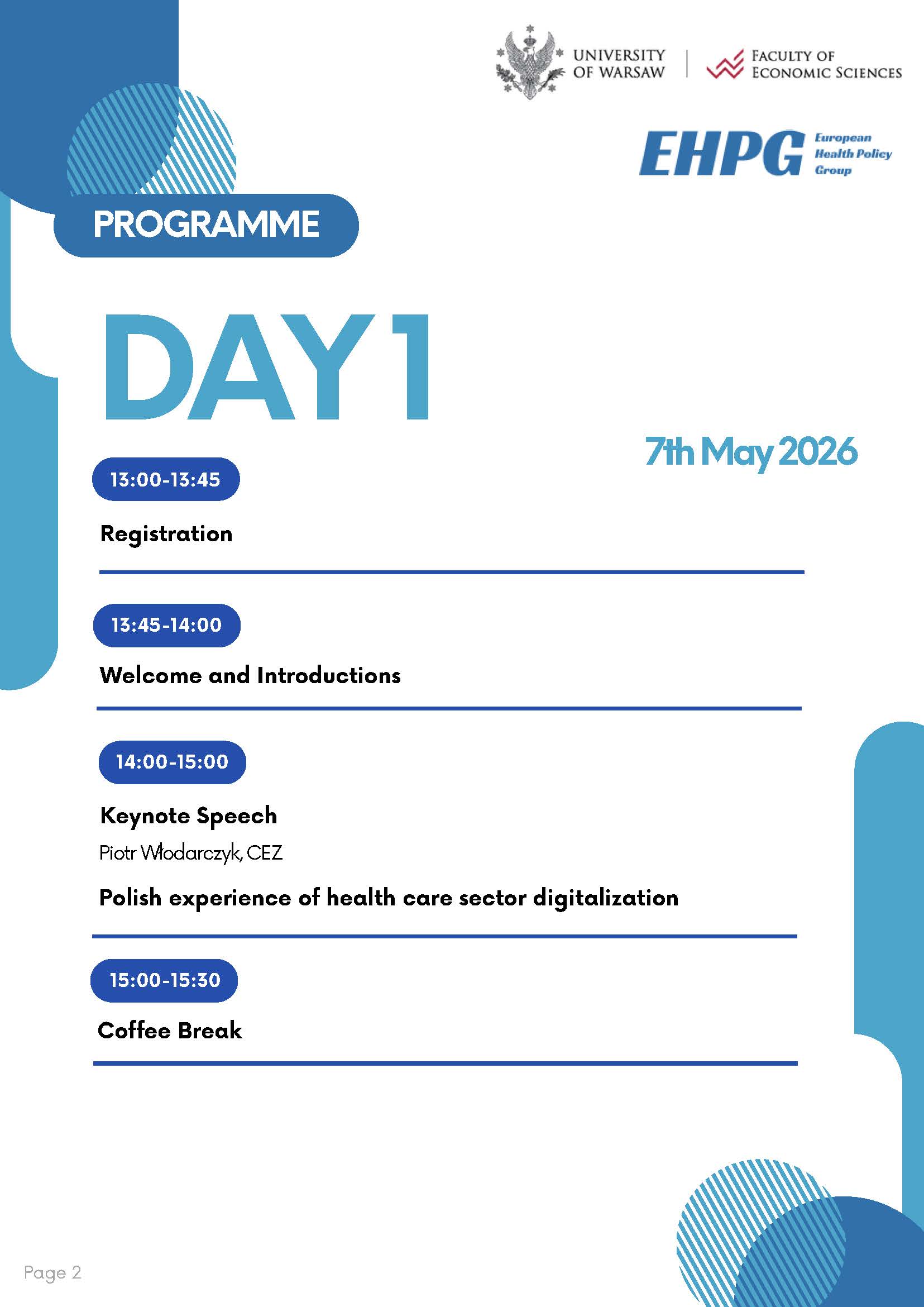 Program „Dzień 1” wydarzenia naukowego, zawierający harmonogram z godzinami rejestracji, powitania, wykładu inauguracyjnego oraz przerwy kawowej. Materiał zawiera również datę wydarzenia i logotypy organizatorów.