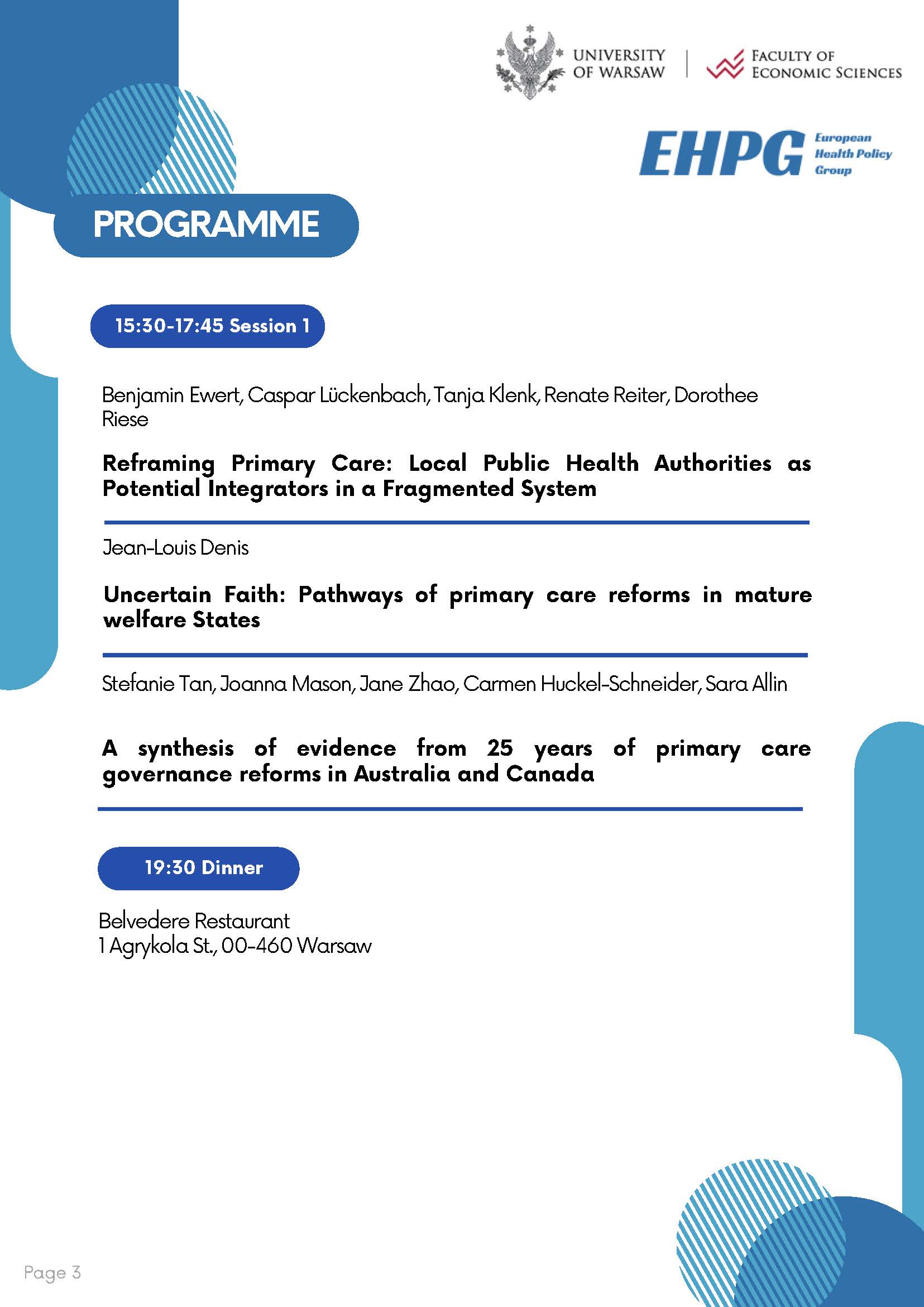 Strona programu wydarzenia zawierająca harmonogram sesji naukowej z listą wystąpień i prelegentów oraz informacją o kolacji wieczornej wraz z miejscem spotkania. Materiał ma przejrzysty układ z podziałem na sekcje i logotypami organizatorów.