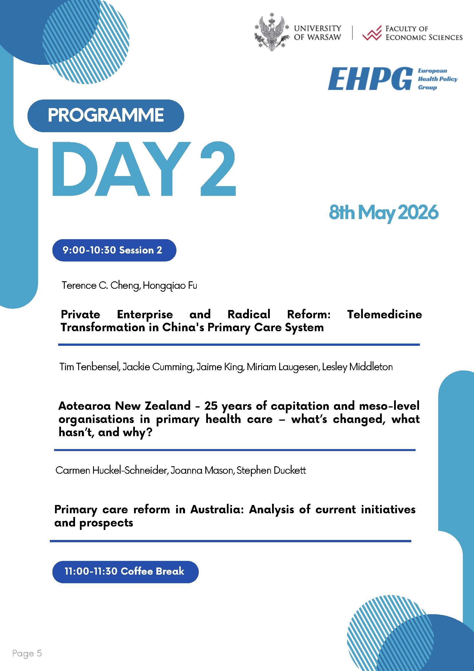 Strona programu „Dzień 2” wydarzenia naukowego, zawierająca harmonogram sesji z tematami wystąpień oraz informację o przerwie kawowej. Materiał ma przejrzysty układ z logotypami organizatorów i podziałem na sekcje czasowe.