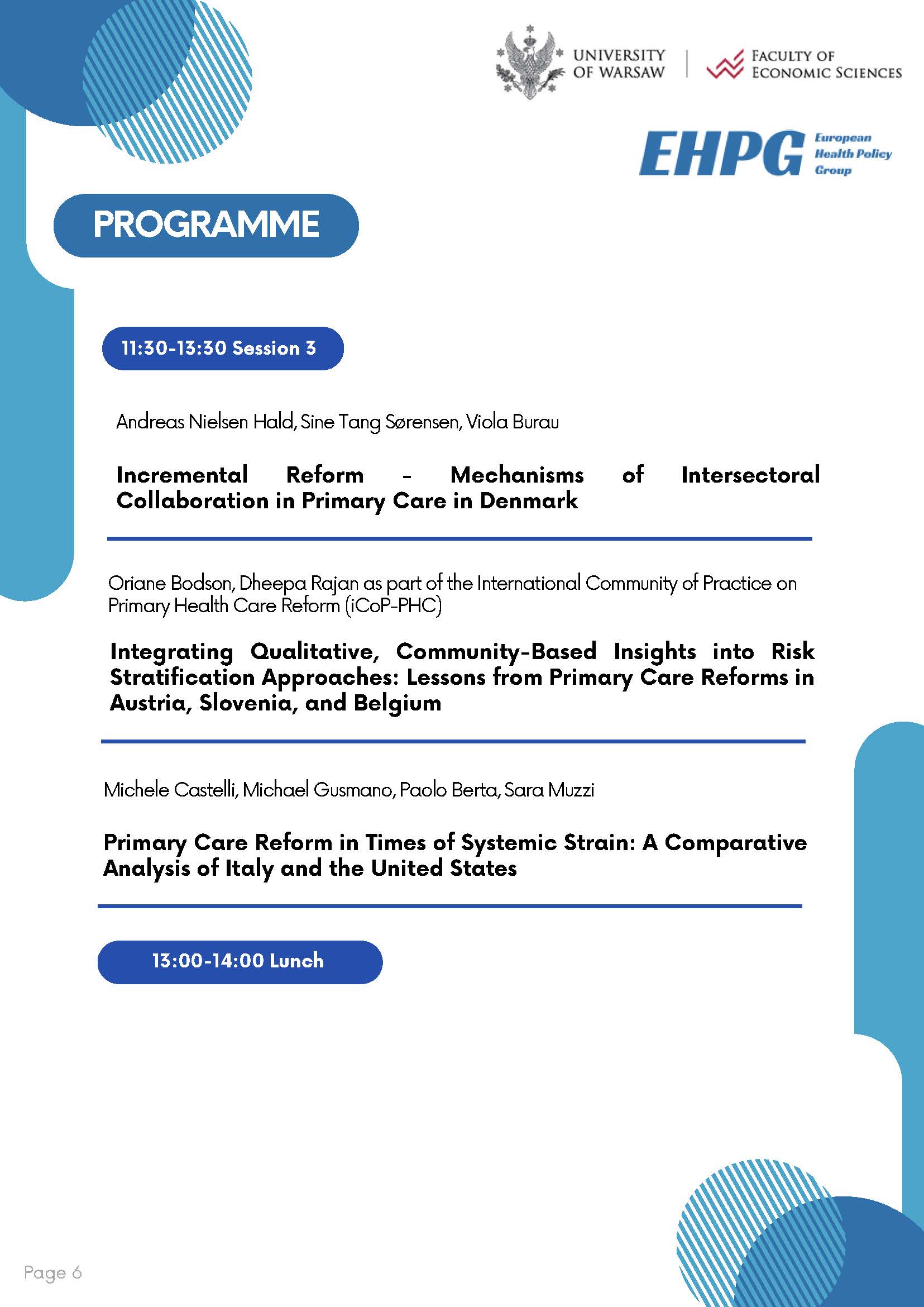 Strona programu wydarzenia zawierająca harmonogram sesji naukowej z listą wystąpień i tematów prezentacji oraz informacją o przerwie obiadowej. Materiał ma przejrzysty układ z podziałem na sekcje czasowe i logotypami organizatorów.