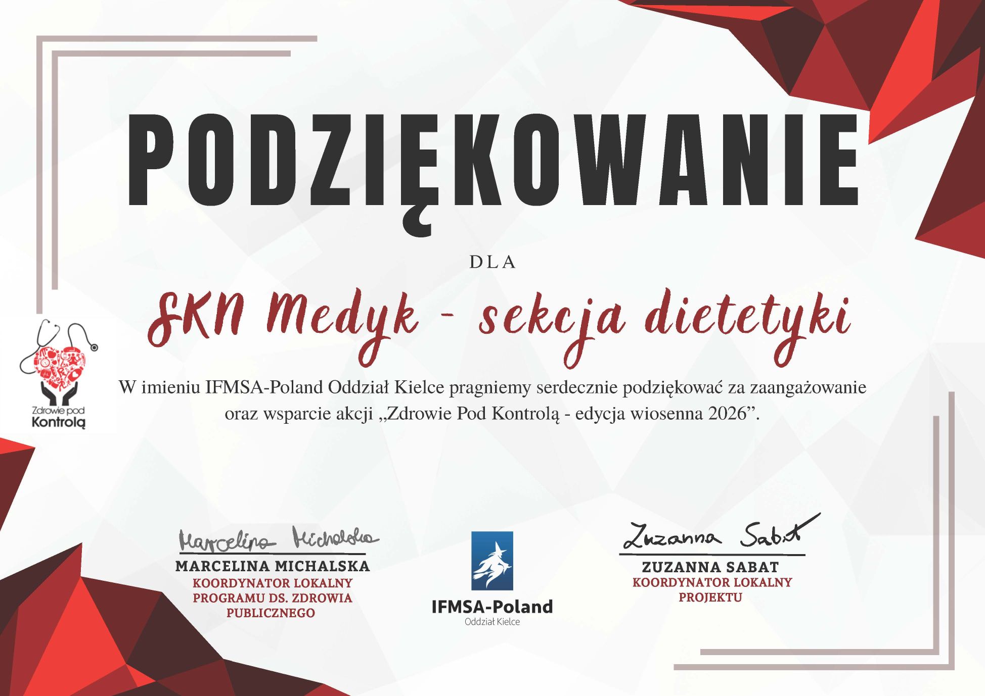 Certyfikat podziękowania dla SKN Medyk – sekcji dietetyki, zawierający treść uznania od IFMSA-Poland Oddział Kielce. Dokument ma ozdobny układ graficzny z logotypami organizatorów oraz podpisami osób odpowiedzialnych.