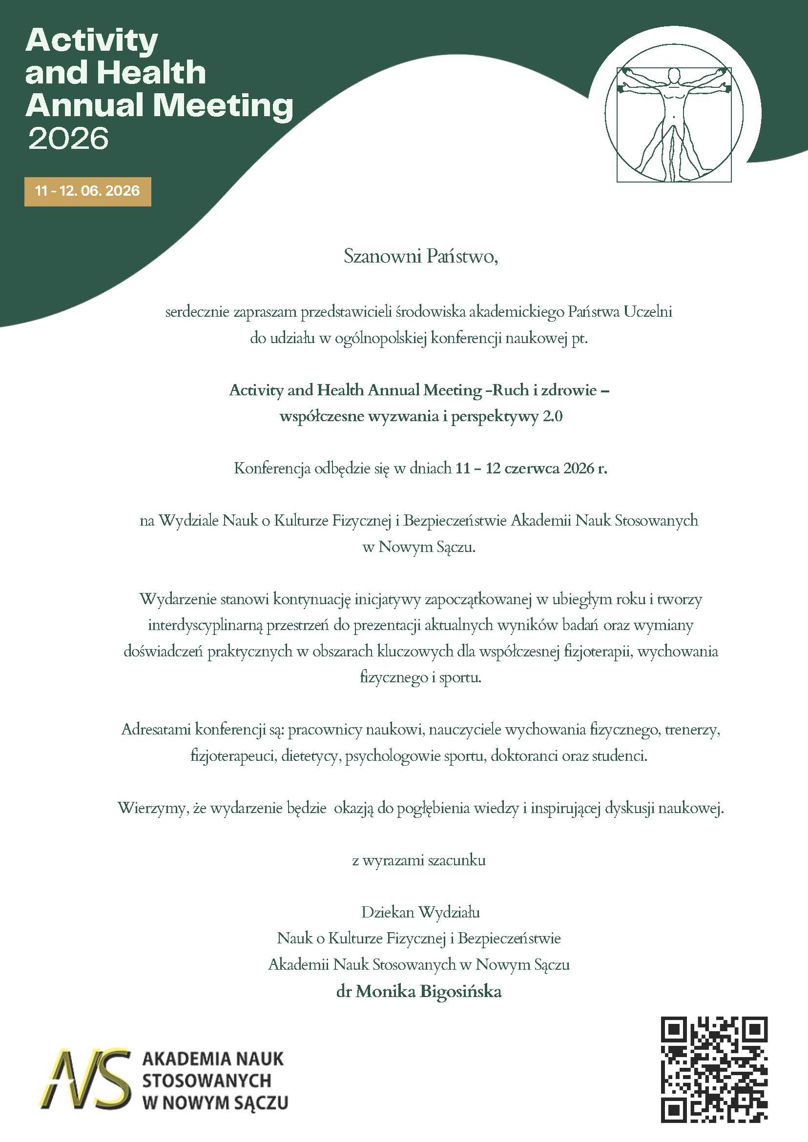 Plakat informacyjny zapraszający na wydarzenie „Activity and Health Annual Meeting 2026”, zawierający datę, opis spotkania oraz elementy graficzne i dane organizatora wraz z kodem QR.