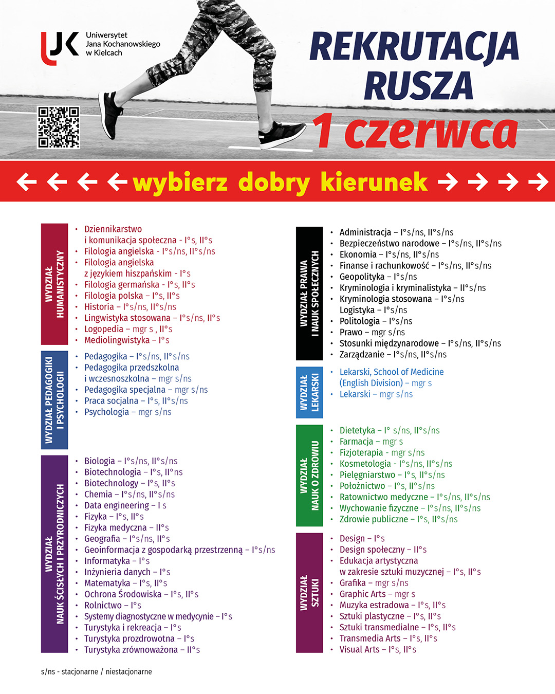 Plakat promocyjny związany z rekrutacją na studia, utrzymany w czerwono-białej kolorystyce. Zawiera czarno-białe zdjęcie biegnącej kobiety, wyraźne hasła informacyjne, kod QR oraz elementy zachęcające do zapoznania się z ofertą edukacyjną.