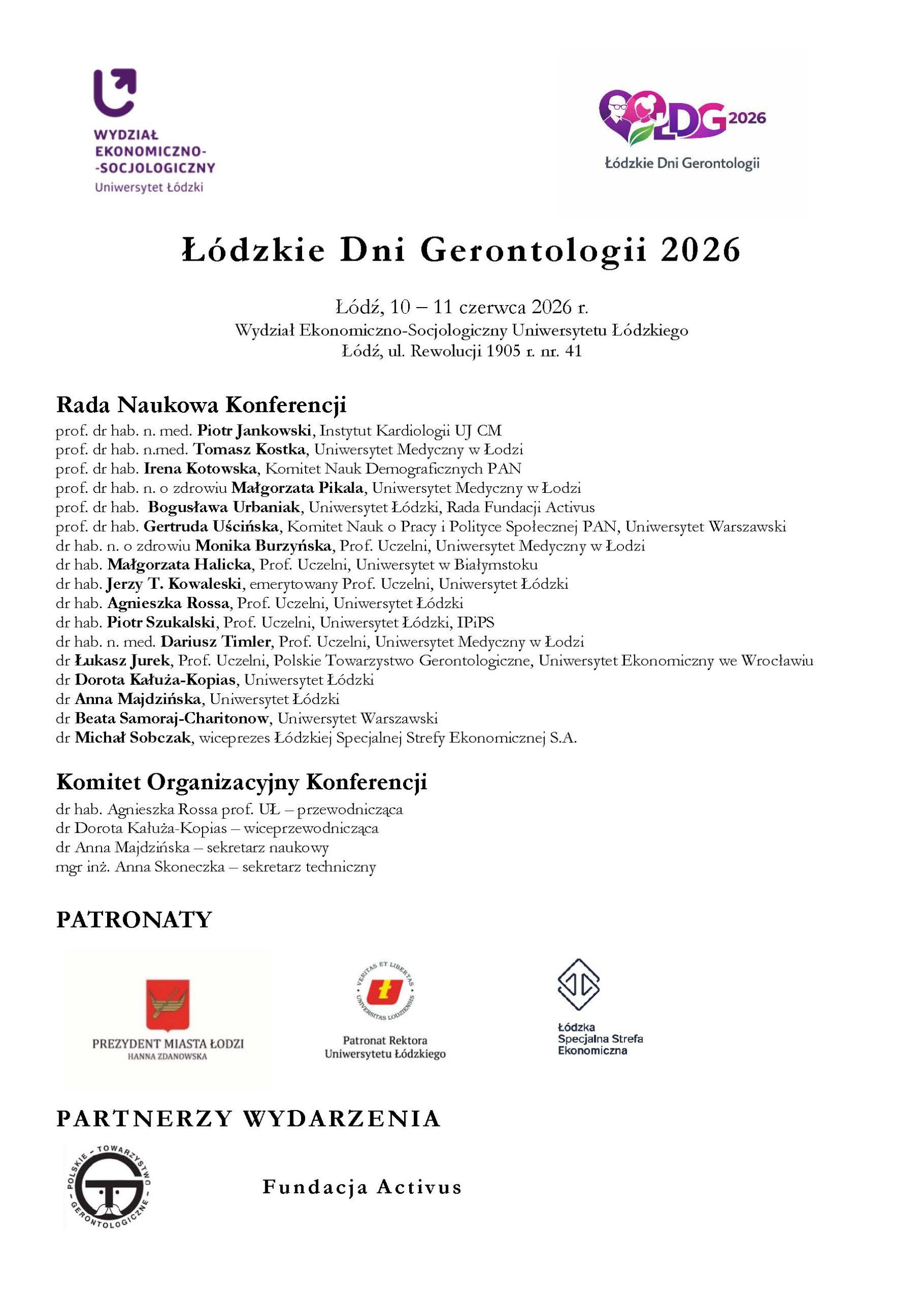 Plakat informacyjny „Łódzkie Dni Gerontologii 2026” z datą, miejscem wydarzenia oraz listą członków rady naukowej i komitetu organizacyjnego. Zawiera również logotypy organizatorów, patronów i partnerów wydarzenia.