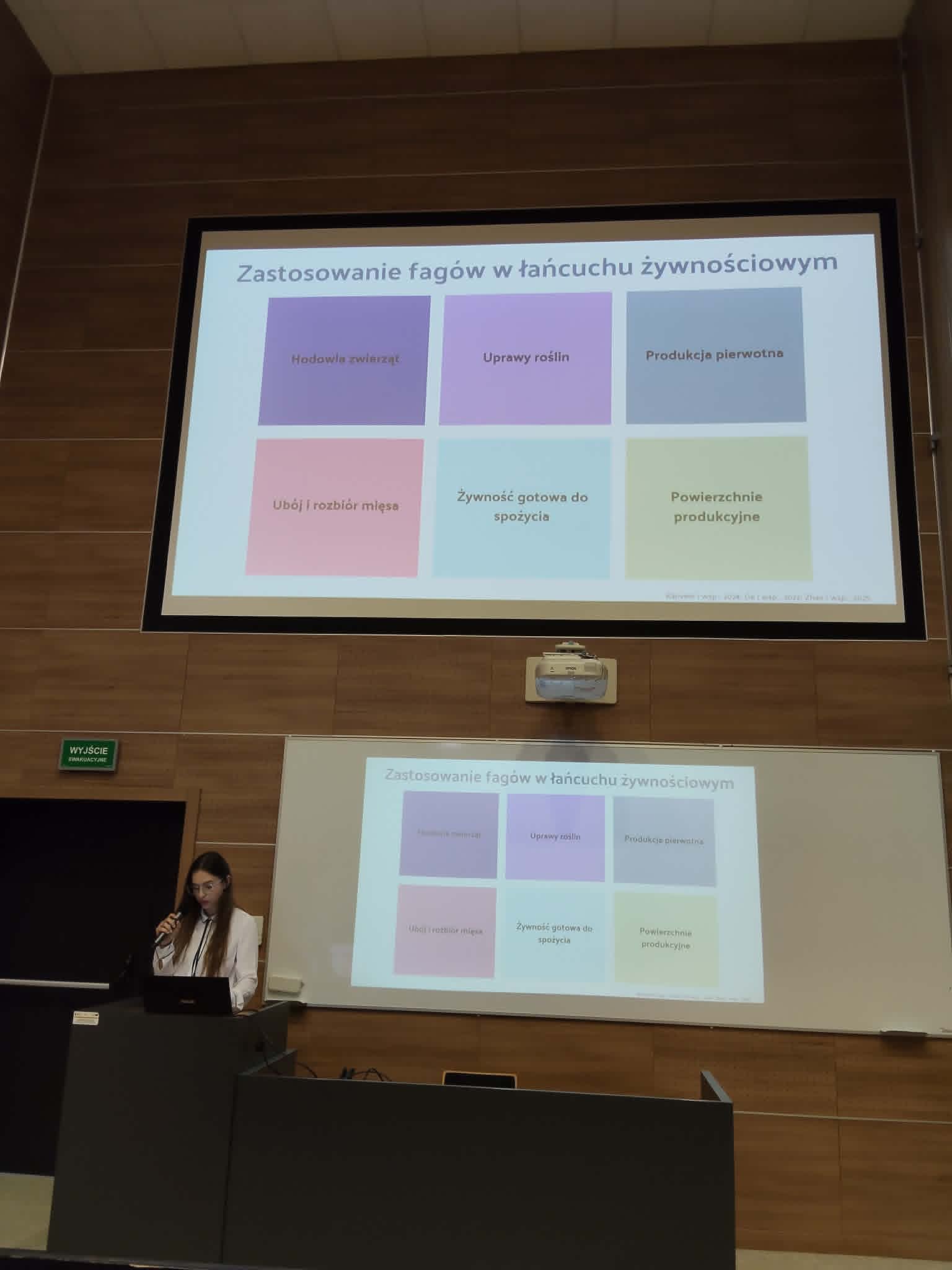 W sali konferencyjnej odbywa się prezentacja naukowa prowadzona przy mównicy wyposażonej w mikrofon i komputer. Na ekranie wyświetlany jest slajd dotyczący zastosowania bakteriofagów w łańcuchu żywnościowym, ilustrujący omawiane zagadnienia w formie schematu. Drewniane wykończenie wnętrza oraz profesjonalne wyposażenie podkreślają akademicki charakter wydarzenia.