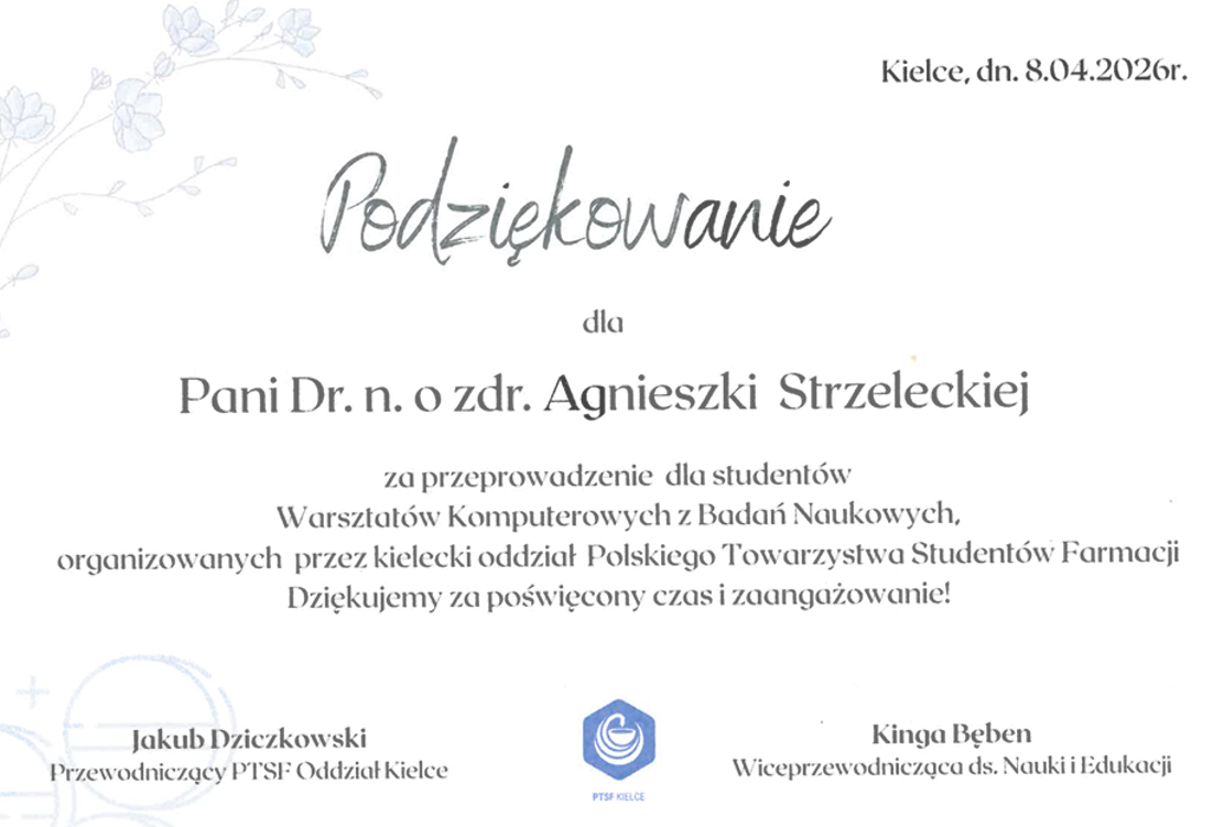 Podziękowanie dla Pani Dr. n. o zdr. Agnieszki Strzeleckiej
