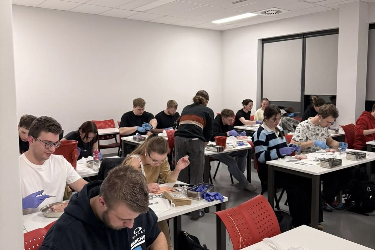 Zdjęcie przedstawia uczestników wykonujących ćwiczenia praktyczne w sali dydaktycznej. Zajęcia prowadzone są z wykorzystaniem specjalistycznych narzędzi, materiałów oraz stanowisk laboratoryjnych. Fotografia ukazuje praktyczną naukę umiejętności zawodowych w nowoczesnym środowisku edukacyjnym.