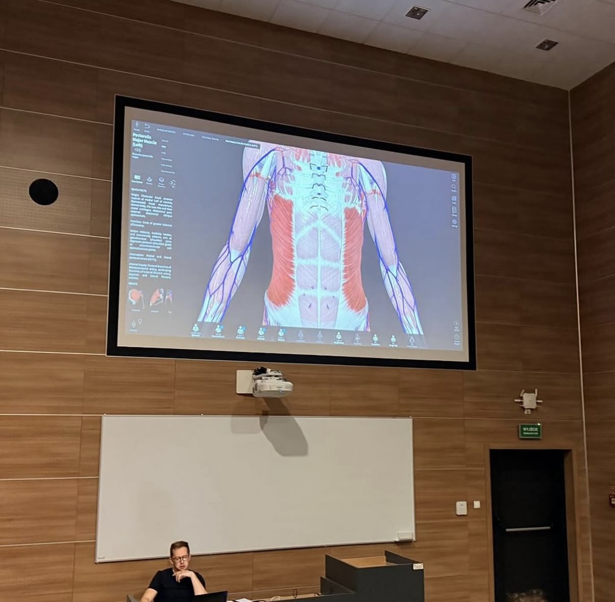 Zdjęcie przedstawia salę dydaktyczną podczas wykładu z zakresu anatomii. Na ekranie wyświetlana jest prezentacja przedstawiająca budowę układu mięśniowego człowieka, wykorzystywana podczas zajęć. Fotografia ukazuje teoretyczną część kształcenia wspieraną nowoczesnymi materiałami dydaktycznymi.