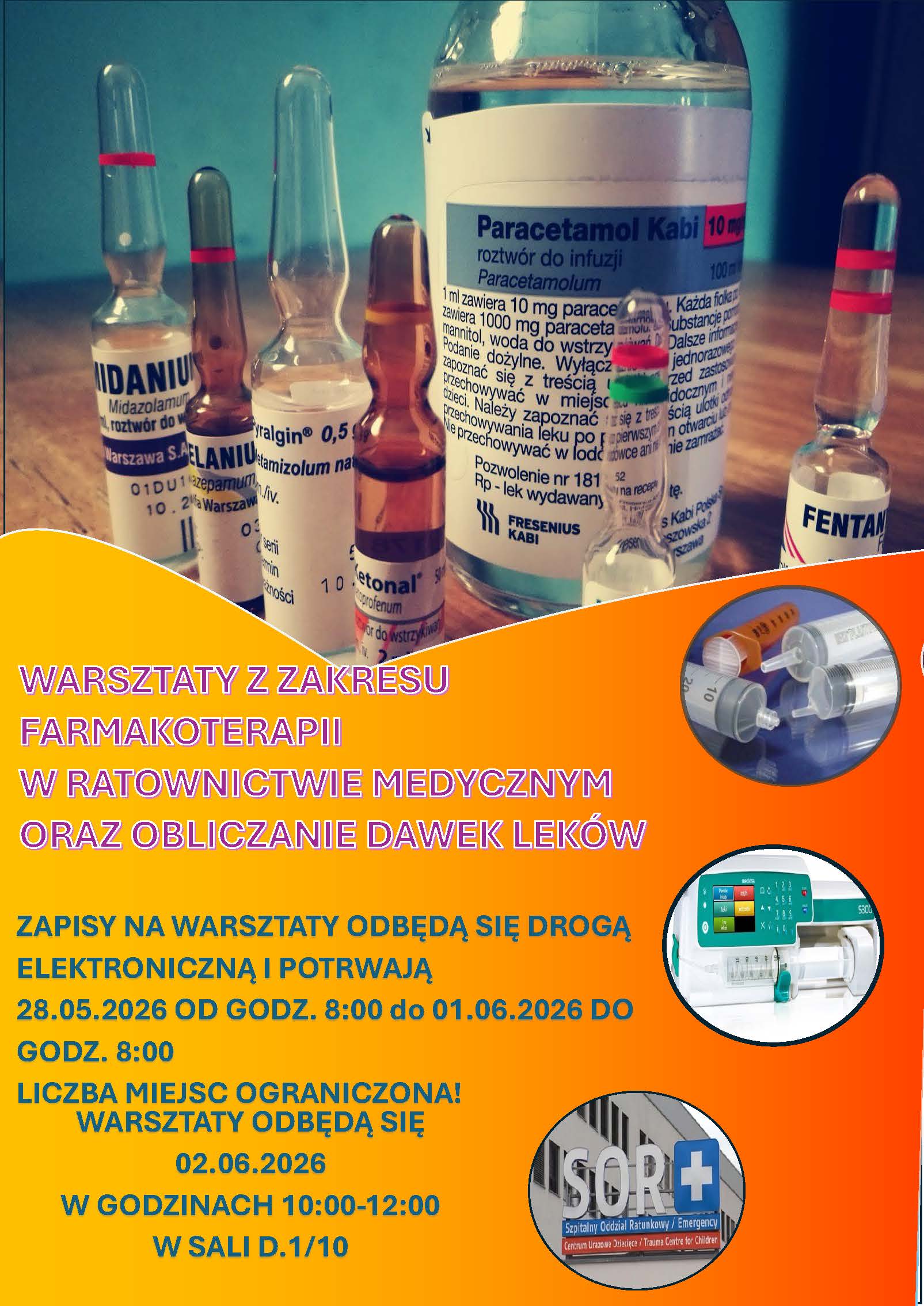 Grafika promuje warsztaty poświęcone farmakoterapii w ratownictwie medycznym. Przedstawia fiolki i ampułki z produktami leczniczymi oraz zawiera informacje dotyczące wydarzenia. Materiał pełni funkcję informacyjną i promocyjną.