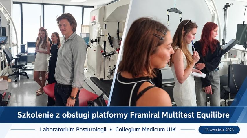 Grafika promuje szkolenie z obsługi platformy Framiral Multitest Equilibre w Pracowni Posturologii Collegium Medicum UJK. Przedstawia uczestników podczas zajęć z wykorzystaniem specjalistycznego sprzętu laboratoryjnego.