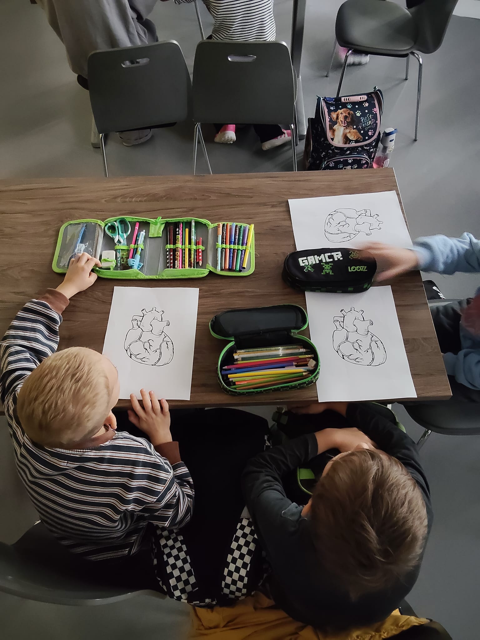 Zdjęcie przedstawia zajęcia plastyczne, podczas kt&oacute;rych uczestnicy rysują przy drewnianym stole. Na kartkach znajdują się rysunki anatomicznych serc oraz ilustracja zwierzęcia, a na stole leżą przybory do rysowania i kolorowania. W tle widoczne są dodatkowe miejsca do pracy oraz wyposażenie sali.